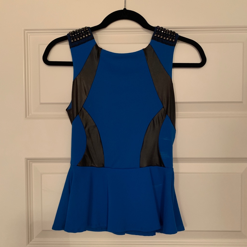 Bebe Blue Studded Shoulders Peplum Top